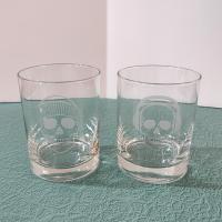 Vintage Numbskulls Whiskey Lowball Rocks Glasses, Set of Two, Etched Skull Glasses, Halloween Barware, Double Old Fashioned Glasses