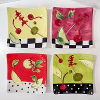 Vintage Cocktail Garnish Themed Square Ceramic Appetizer Plates, Set of 4
