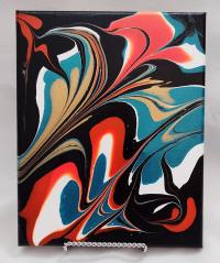 Orange, Blue, Black, and Gold Abstract Original Acrylic Pour Painting, 8" x 10", Fluid Art Painting
