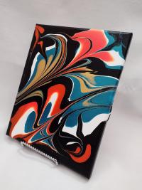 Orange, Blue, Black, and Gold Abstract Original Acrylic Pour Painting, 8" x 10", Fluid Art Painting