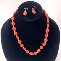 Vintage Orange Beaded Necklace and Earring Set with Silver Colored Adjustable Chain
