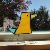 Stained Glass Standing Bird, Funky Orange and Blue Glass Bird Suncatcher, Bird Lover Gift