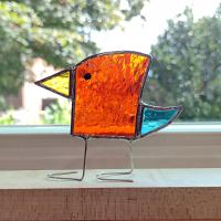 Stained Glass Standing Bird, Funky Orange and Blue Glass Bird Suncatcher, Bird Lover Gift, Windowsill Sitter