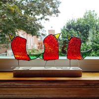 Stained Glass Standing Birds, Set of Three, Orange, Green, and Yellow Glass Birds