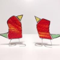 Stained Glass Standing Birds, Set of Three, Orange, Green, and Yellow Glass Birds