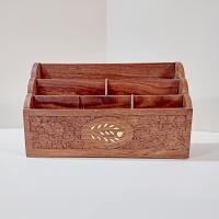 Vintage Carved Wooden Desk Organizer Caddy, Letter Note Holder, Made in India