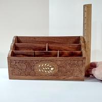 Vintage Carved Wooden Desk Organizer Caddy, Letter Note Holder, Made in India