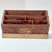 Vintage Carved Wooden Desk Organizer Caddy, Letter Note Holder, Made in India
