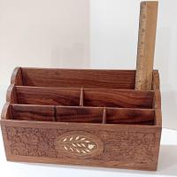 Vintage Carved Wooden Desk Organizer Caddy, Letter Note Holder, Made in India