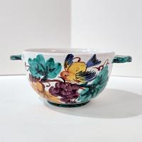 Vintage Hand Painted Italian Majolica Ceramic Bowl, Bird, Grapes, and Floral Design, PV Peasant Village Italy Pottery, Open Sugar Bowl