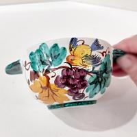 Vintage Hand Painted Italian Majolica Ceramic Bowl, Bird, Grapes, and Floral Design, PV Peasant Village Italy Pottery, Open Sugar Bowl