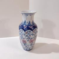 Vintage Oriental Asian Ceramic Flower Vase with Pink and Blue Rose Design