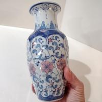 Vintage Oriental Asian Ceramic Flower Vase with Pink and Blue Rose Design