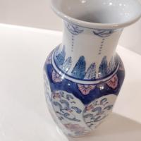 Vintage Oriental Asian Ceramic Flower Vase with Pink and Blue Rose Design