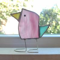 Stained Glass Standing Bird, Funky Pink and Blue Glass Bird Suncatcher, Bird Lover Gift, Windowsill Sitter