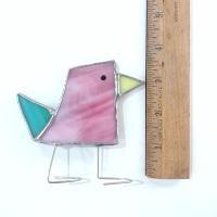 Stained Glass Standing Bird, Funky Pink and Blue Glass Bird Suncatcher, Bird Lover Gift, Windowsill Sitter