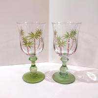 Vintage Hand Painted Palm Tree Cocktail Glasses, Set of Two, Tropical Beach Themed Barware, 12 Ounce Water Goblets
