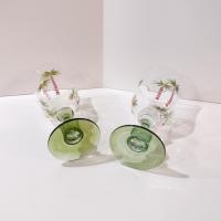 Vintage Hand Painted Palm Tree Cocktail Glasses, Set of Two, Tropical Beach Themed Barware, 12 Ounce Water Goblets