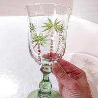 Vintage Hand Painted Palm Tree Cocktail Glasses, Set of Two, Tropical Beach Themed Barware, 12 Ounce Water Goblets
