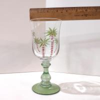 Vintage Hand Painted Palm Tree Cocktail Glasses, Set of Two, Tropical Beach Themed Barware, 12 Ounce Water Goblets
