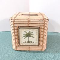 Vintage Bamboo Square Tissue Box Cover Holder with Palm Tree Design, Beth Yarbrough Beach Decor