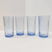 Vintage Blue Block Optic Highball Glasses, Set of 4, Blue Windowpane 9 Ounce Straight Tumblers