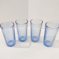 Vintage Blue Block Optic Highball Glasses, Set of 4, Blue Windowpane 9 Ounce Straight Tumblers