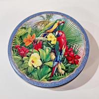 Vintage 1997 Indecco Round Parrot Tin, Colorful Bird Metal Storage Container