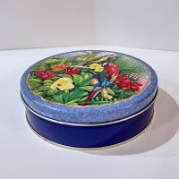 Vintage 1997 Indecco Round Parrot Tin, Colorful Bird Metal Storage Container