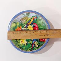 Vintage 1997 Indecco Round Parrot Tin, Colorful Bird Metal Storage Container