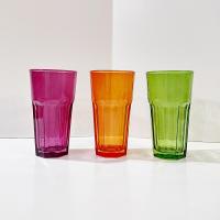Vintage Jewel Tone Glass 16 Ounce Tumblers, Set of Three, Purple Orange Green Drinking Glasses