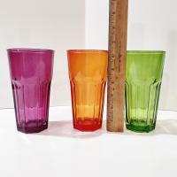 Vintage Jewel Tone Glass 16 Ounce Tumblers, Set of Three, Purple Orange Green Drinking Glasses