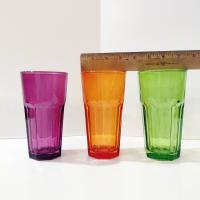 Vintage Jewel Tone Glass 16 Ounce Tumblers, Set of Three, Purple Orange Green Drinking Glasses