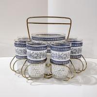 Vintage Jeanette Patrician Blue Highball Glasses and Ice Bucket Set with Caddy, Complete MCM Cocktail Set of 8