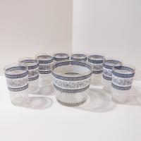 Vintage Jeanette Patrician Blue Highball Glasses and Ice Bucket Set with Caddy, Complete MCM Cocktail Set of 8