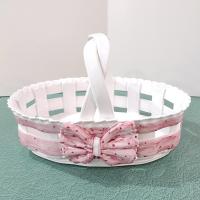 Vintage Ceramic Woven Basket with Pink Band and Bow, Bread Basket, Easter Basket, Decorative Letter Catch All Pottery