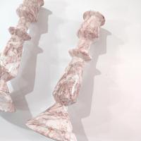 Vintage Pink and White Onyx Marble Carved Candle Stick Holders, Set of Two, Taper Candlestick Holders
