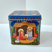 Vintage Hallmark Peace On Earth Square Metal Tin Box Storage Container, Christmas Manger Scene Tin