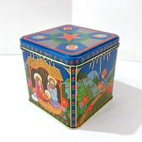 Vintage Hallmark Peace On Earth Square Metal Tin Box Storage Container, Christmas Manger Scene Tin