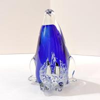 Vintage Penguin with Babies Blown Glass Paperweight, Blue and White Glass Penguin Figurine