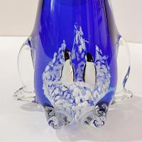 Vintage Penguin with Babies Blown Glass Paperweight, Blue and White Glass Penguin Figurine