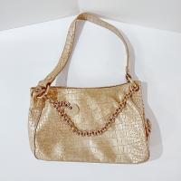 Vintage Perlina Genuine Leather Metallic Gold Reptile Print Handbag Purse with Thick Chain Accent and Shoulder Strap