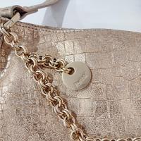 Vintage Perlina Genuine Leather Metallic Gold Reptile Print Handbag Purse with Thick Chain Accent and Shoulder Strap