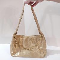 Vintage Perlina Genuine Leather Metallic Gold Reptile Print Handbag Purse with Thick Chain Accent and Shoulder Strap