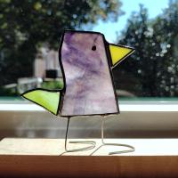Stained Glass Standing Bird, Funky Glass Bird, Purple and Green Bird Suncatcher, Windowsill Sitter Free Standing Bird