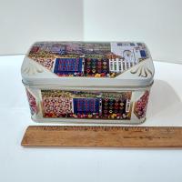 Vintage Diane Phalen Watercolors Spring Garden Amish Quilts Hinged Lid Tin Box, Decorative Metal Storage Container