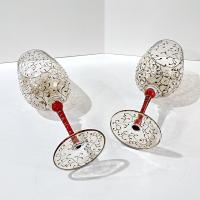 Vintage Pier 1 Gold and Red Swirled Filagree 16 Ounce Wine Glasses, Set of 2, Festive Holiday Barware