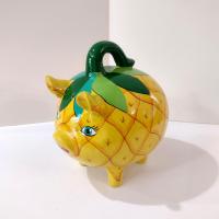 Vintage Hand Painted Mexican Piggy Bank, Pineapple Painted Pig Coin Bank
