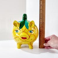 Vintage Hand Painted Mexican Piggy Bank, Pineapple Painted Pig Coin Bank