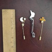 Vintage Stick Pins, Set of 3, Moon and Stars Pin, Iris Flower Pin, Scarf Pin